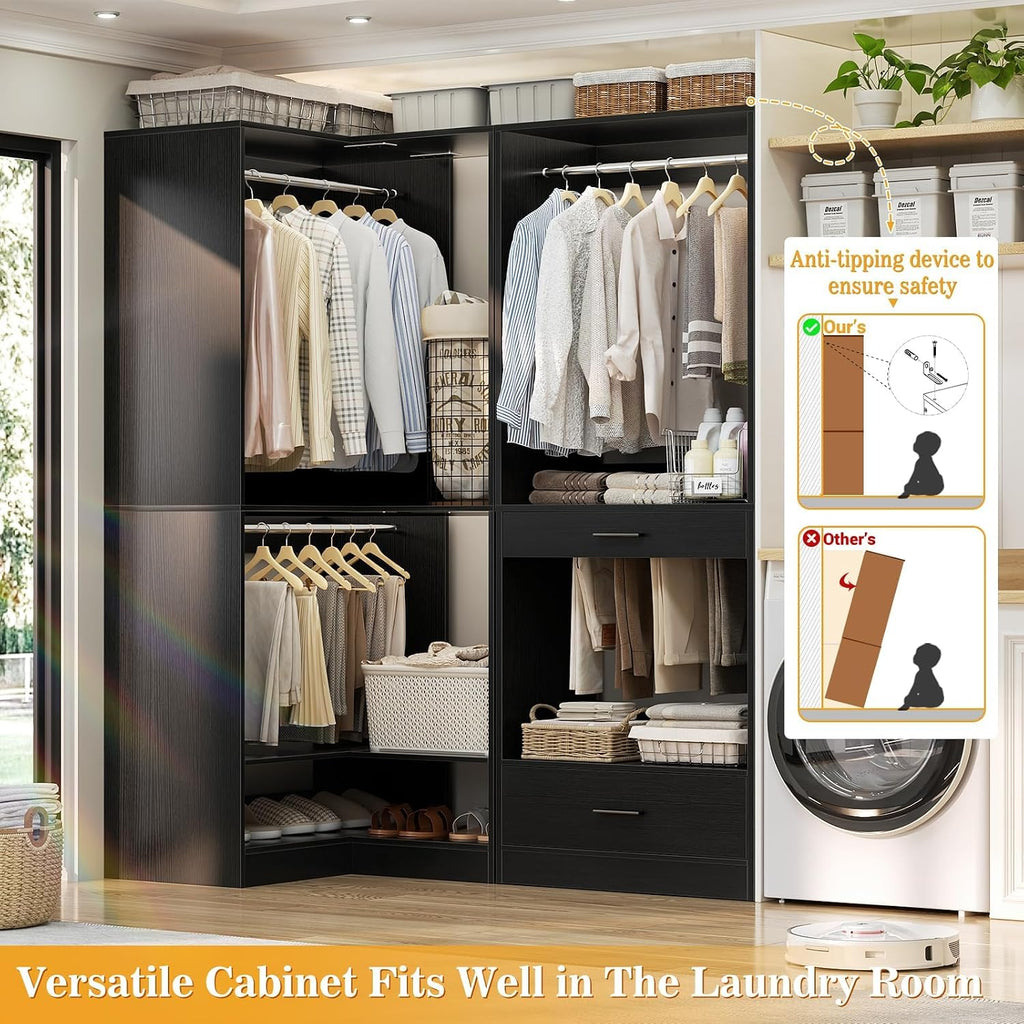 Homieasy Corner Closet System Modular with Upper & Lower Hanging Areas and Shoe Shelf, Corner Wardrobe Organizer, Easy Assembly, Anti-Tip Design, Perfect for Bedroom or Walk-In Closet, Black1