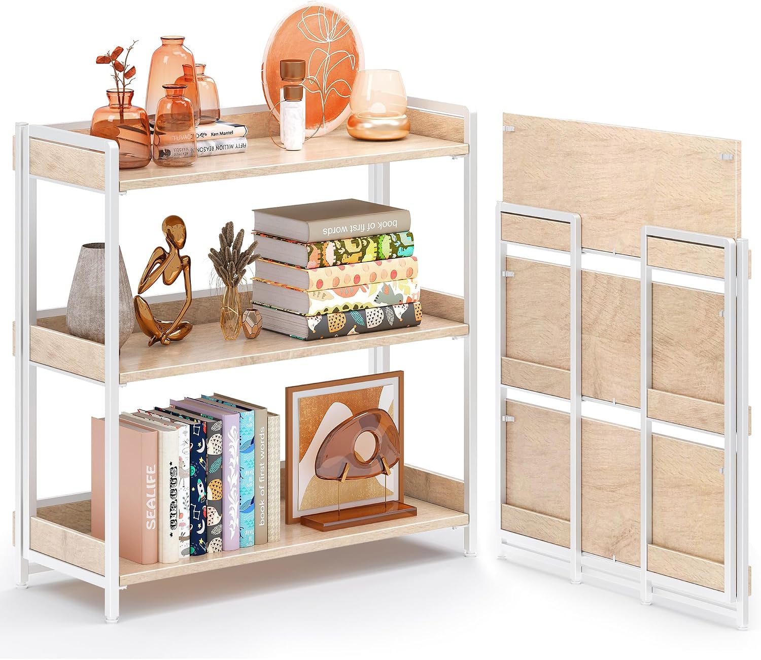 4NM Extra Wdie No Assembly Folding Bookshelf, 34' H x 30.9' W, 3 Tier Collapsible Book Shelf Bookcase Foldable Shelves for Bedroom Living Room Home Office - Cloud Oak & White