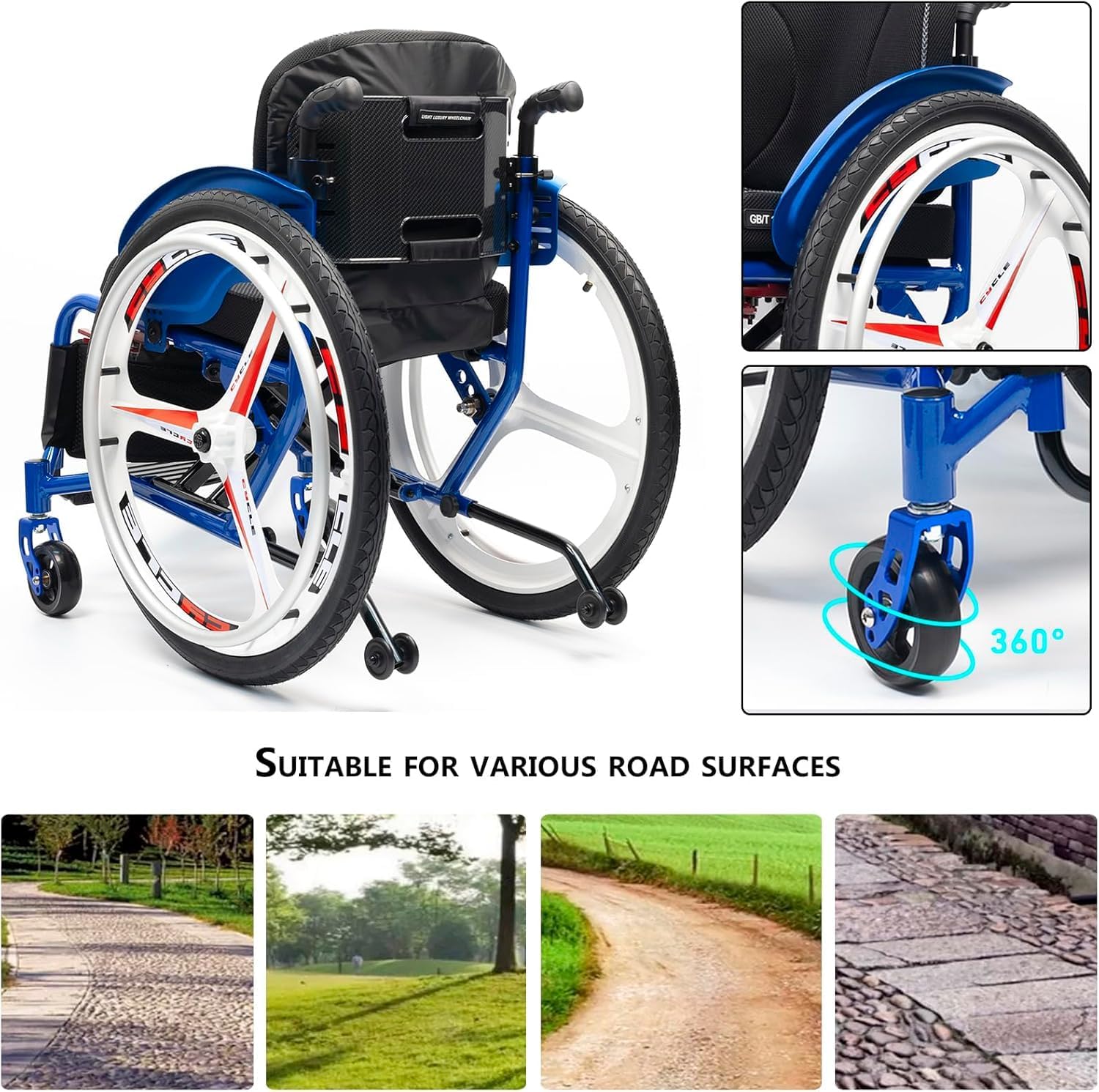 Sports and Leisure Wheelchairs for Adults,Lightweight Transport Wheelchair,Portable Self-propelled Manual Wheelchairs,Folding All-Terrain Wheelchair,Aluminum Alloy Wheelchair(Red,41cm/16.1in)