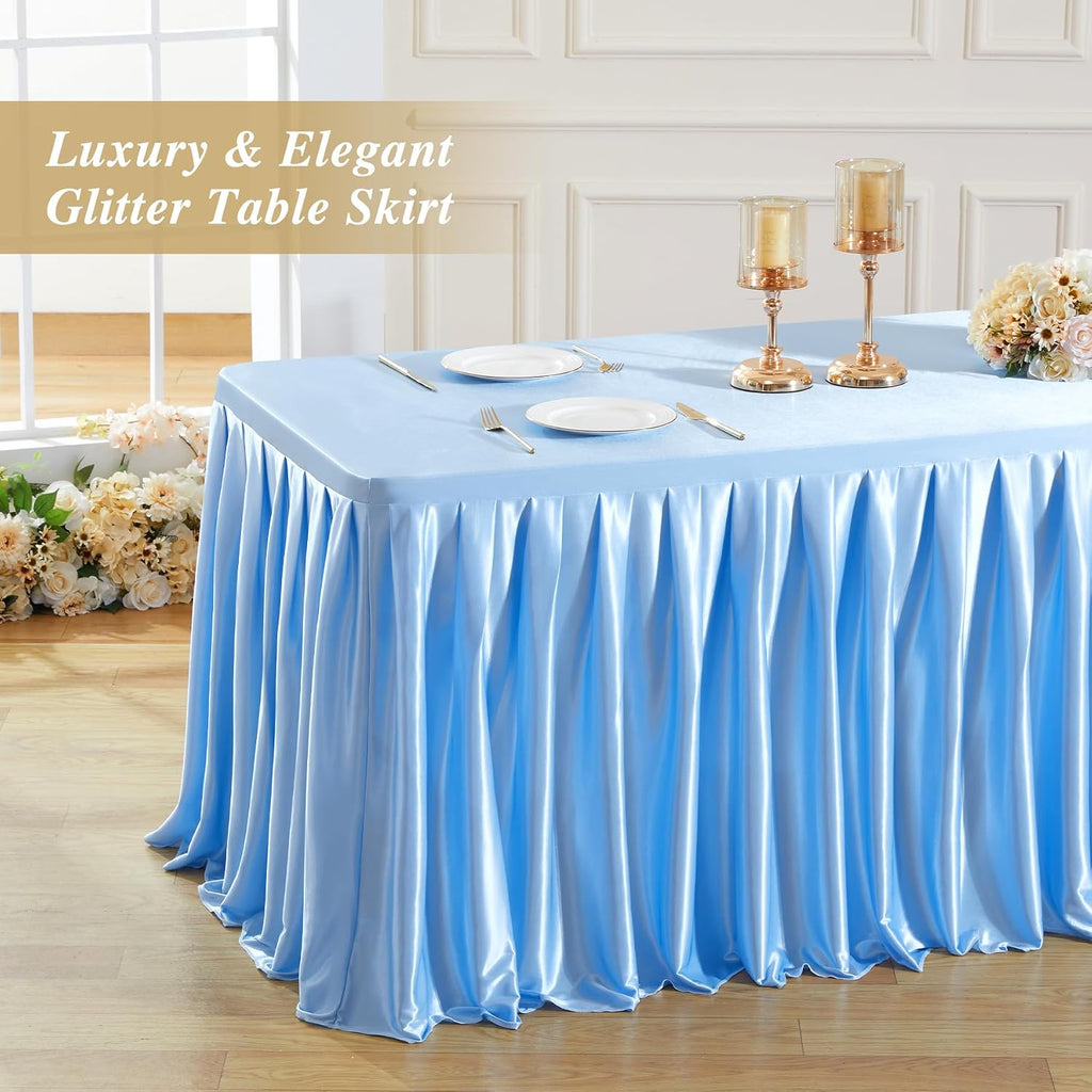 4 Pack 6FT Blue Satin Tablecloths for Rectangle Tables - Shiny Spandex Party Table Cover with Pleated Table Skirt, No-Wrinkle & Glossy Wedding Tablecloth One-Piece for Birthday Baby Shower Banquet