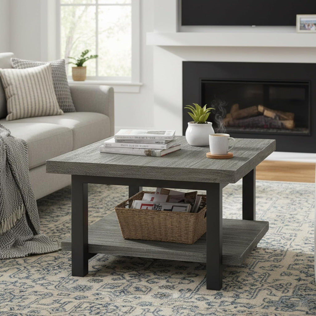 Pomona 27-Inch Square Solid Wood Coffee Table with Metal Legs – Modern Rustic Industrial Small Space Table by Alaterre Furniture (Slate Grey)