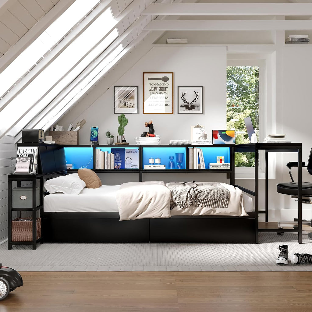 Twin Corner Bed Frame with Storage Drawers, Twin Daybed with Built-in Bookshelf & LED Light, L Shaped Twin Beds with Charging Station for Kids Teens, Black
