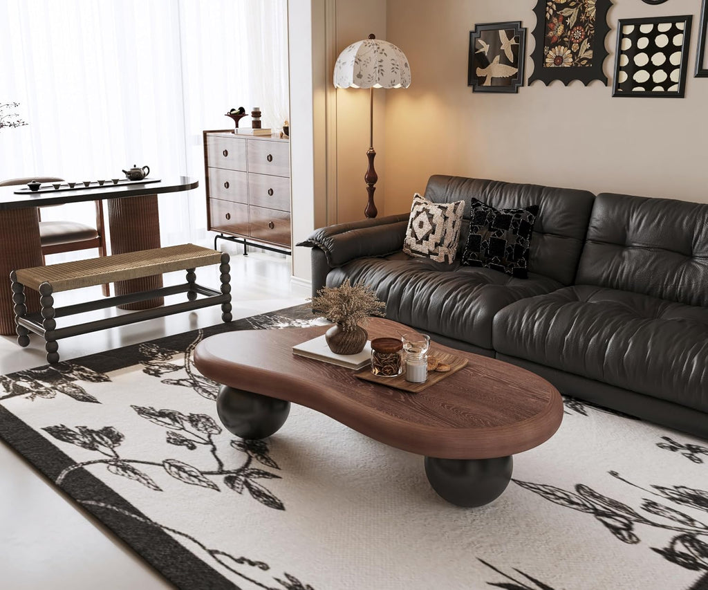 47' Cloud Coffee Table for Living Room Irregular Coffee Table Mid Century Modern Unique Coffee Tables Low Cute Small Center Table with 3 Ball Legs for Small Space Apartment Walnut & Black