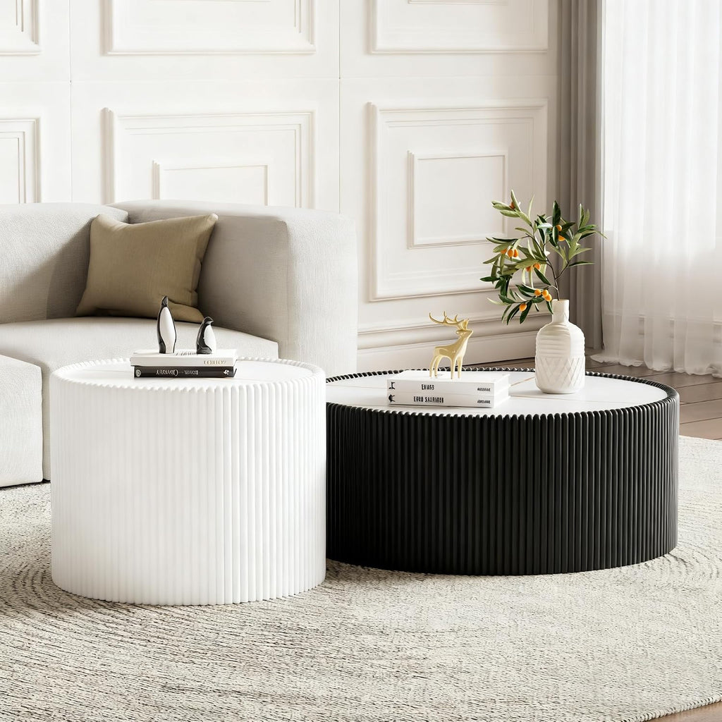 Round Coffee Table Set with Sintered Stone Tabletop, 29.52' Black Drum Center Table and 17.71' White Coffee Table Set, 2 Pieces Living Room Table Set with Fluted PU Leather Cover& Stable Base