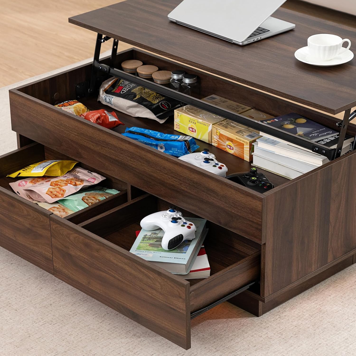HOMMPA 40'' Lift Top Coffee Table for Living Room, Walnut Coffee Tables with Storage, LED Modern Coffee Table Rectangular Wooden Gloss, Flip Top Center Table with 2 Drawers and Hidden Compartment