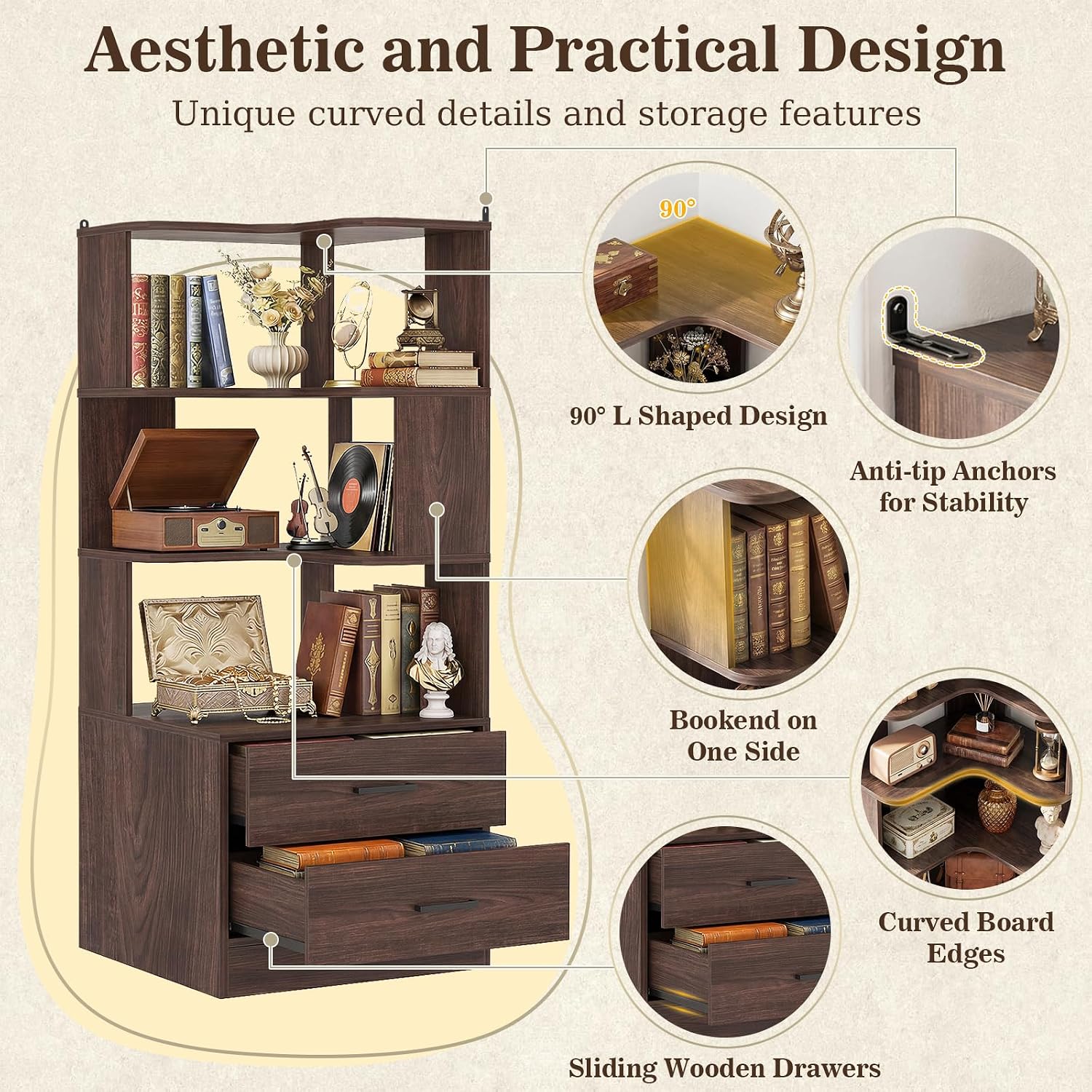 Armocity Corner Bookshelf with Drawers, 6 Tier Corner Book Shelf Display Bookcase, Freestanding L Shaped Bookshelf for Bedroom, Living Room, Home Office, Black Walnut