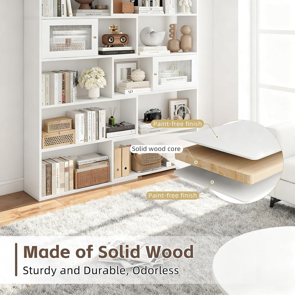 2-in-1 Expandable Bookshelf, Adjustable Width Bookcase with Sliding Doors, Freestanding Corner or Standard Shelf Organizer, Tall Storage Display Unit for Living Room, Bedroom, Office