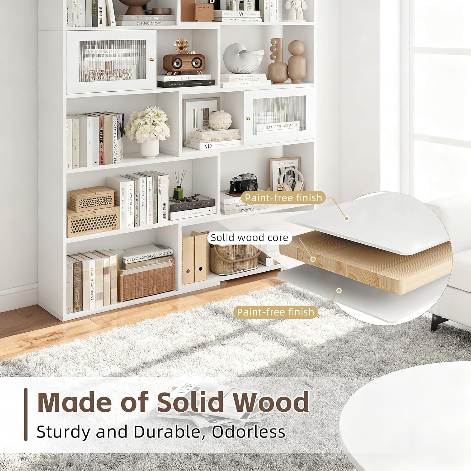 2-in-1 Expandable Bookshelf, Adjustable Width Bookcase with Sliding Doors, Freestanding Corner or Standard Shelf Organizer, Tall Storage Display Unit for Living Room, Bedroom, Office