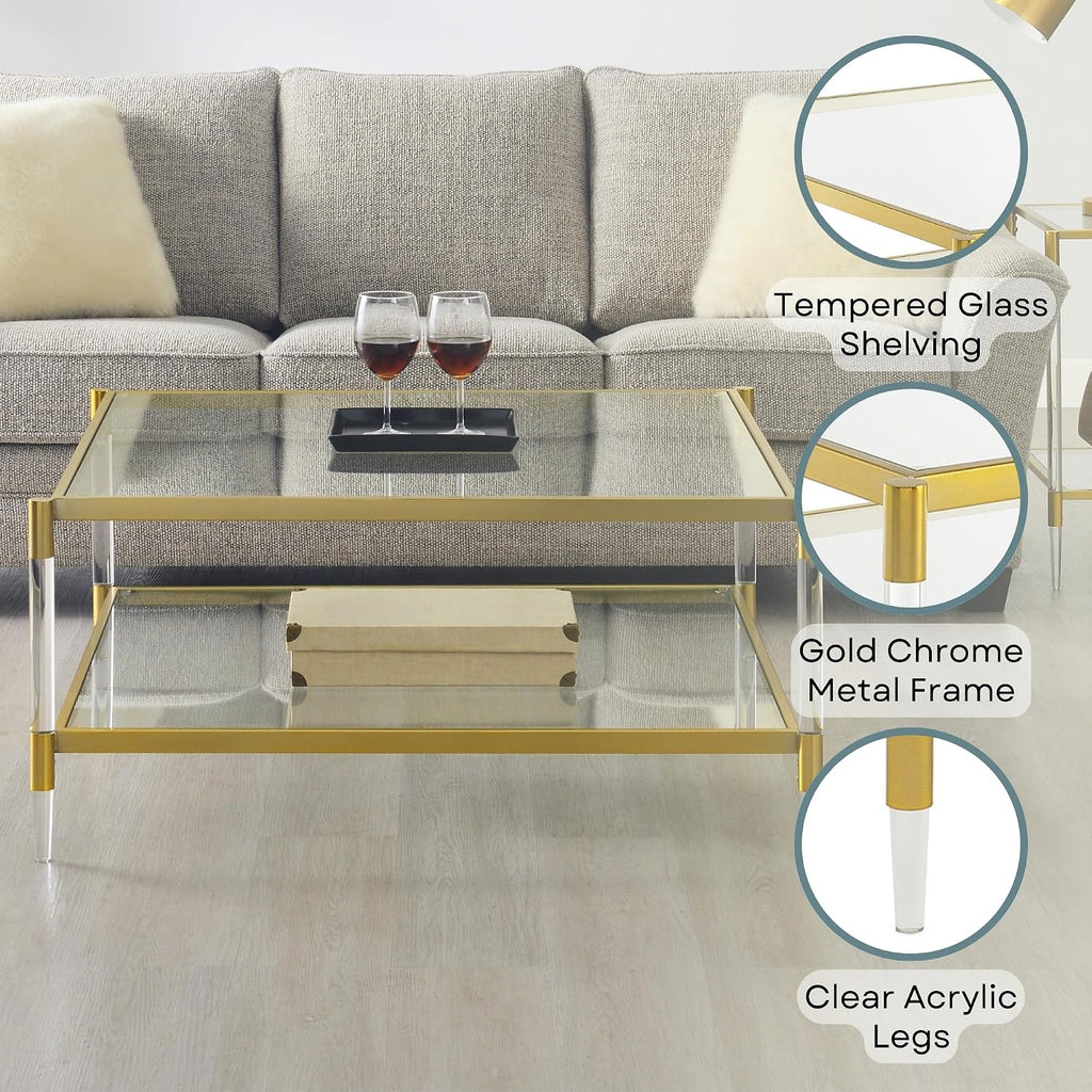 Convenience Concepts Royal Crest Acrylic Glass Square Coffee Table 34' - Modern 2-Tier Tempered Glass Living Room Table with Storage Shelf, Gold Chrome Frame Table with Acrylic Legs, Gold