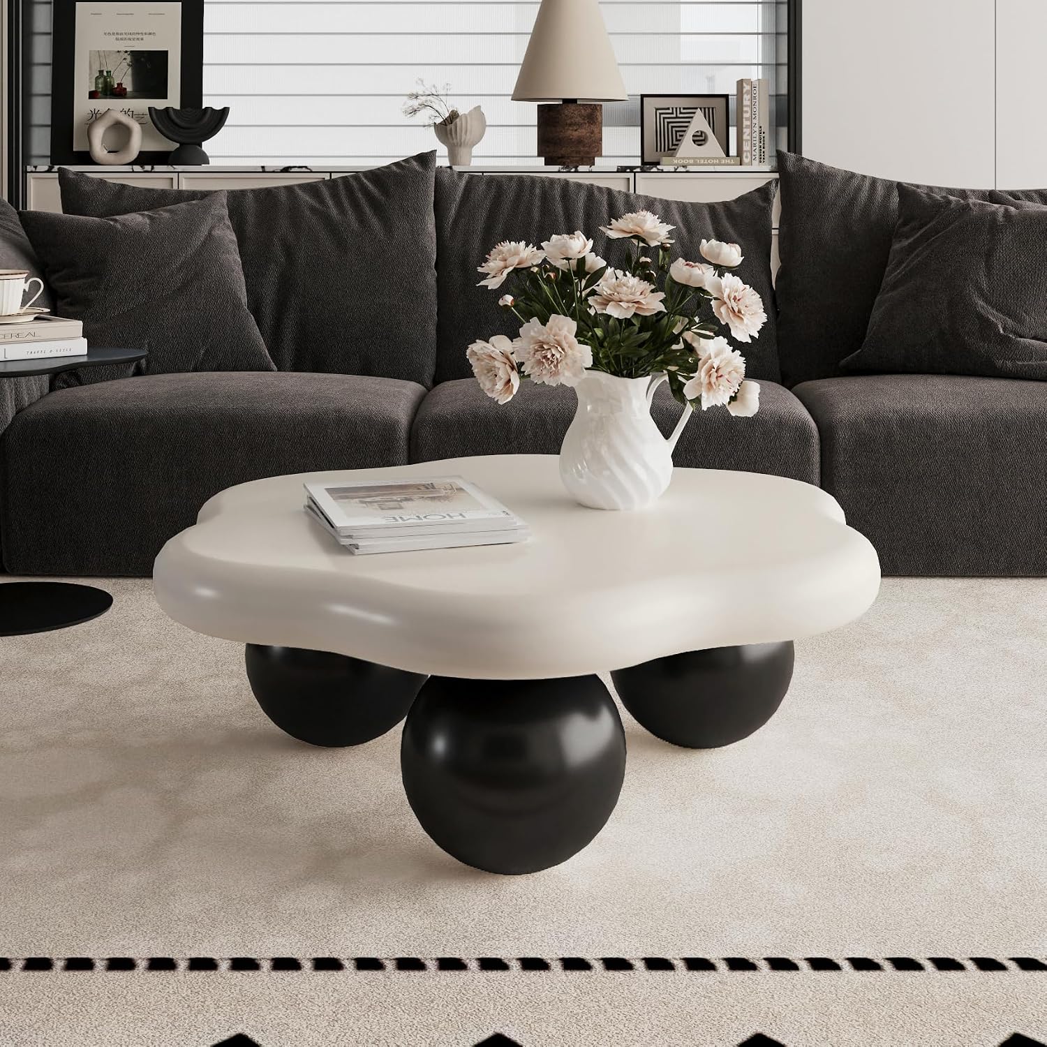35.03' Cloud Coffee Table for Living Room Unique Coffee Table Modern Low Coffee Tables Cute Center Table with 3 Ball Legs for Small Space Apartment Cream Flower-White & Black