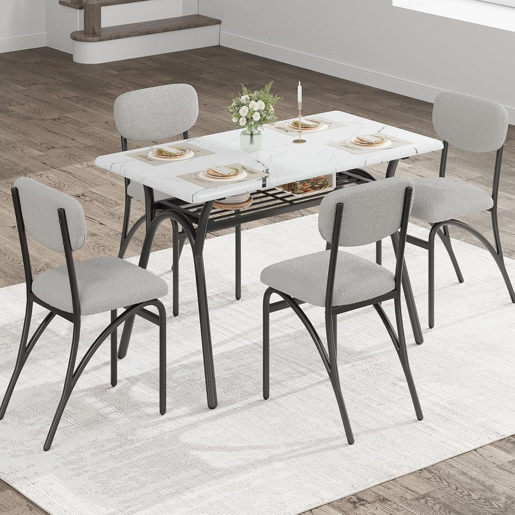 GarveeHome 5-Piece Dining Table Set for 4, Modern Kitchen Table with 4 Boucle Chairs, Rectangular Dining Table with Storage Shelf & Marble Tabletop, Beige Home Dining Furniture for Small Space