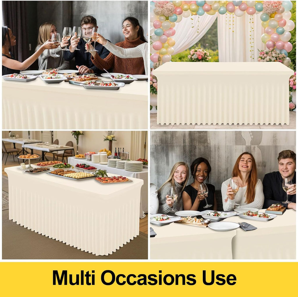 Smiry Spandex Tablecloth 6 Pack, Elastic Fitted Stretch Tablecloth for 8FT Rectangle Tables, Waterproof Washable Table Cover Skirt for Wedding, Banquet & Parties (Beige, 96Lx30Wx30H Inch)