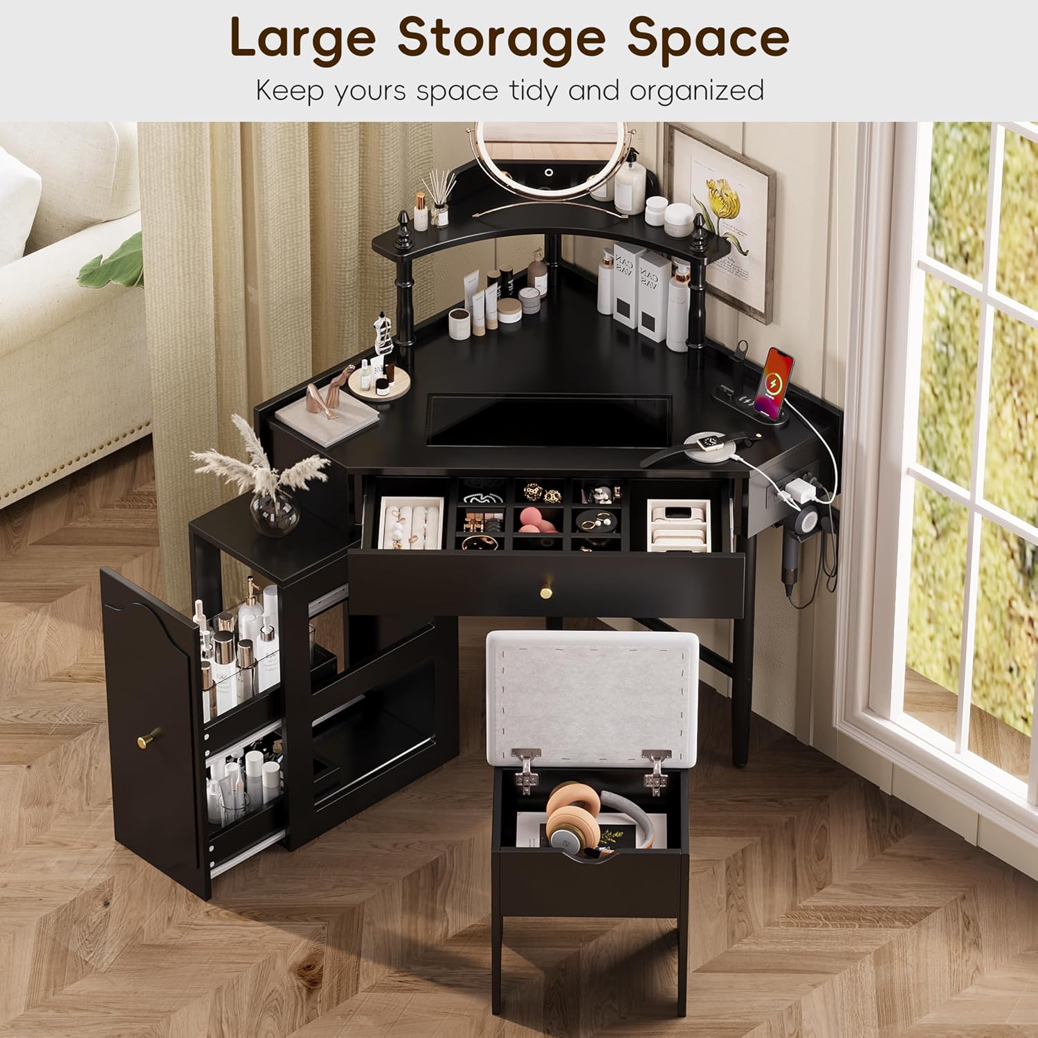 Corner Vanity Desk, Modern Makeup Vanity with 1 Drawers & Storage Stool Bedroom, with Adjustable Cabinet Open Shelves Drawer for Women (Black-1)