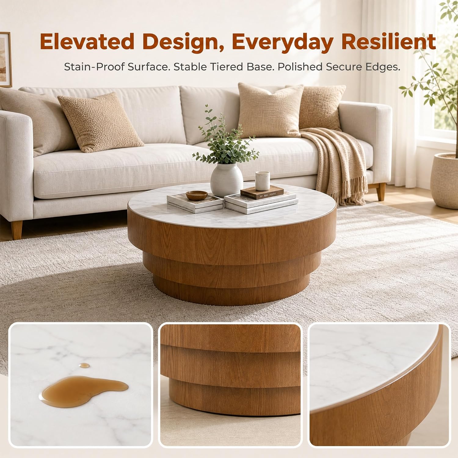 31.5' Round Marble Coffee Table for Living Room, Mid-Century Modern Coffee Table with White Sintered Stone Top and Stable Wood Pedestal Base, Drum Cocktail Center Tea Tables for Bedroom Apartment