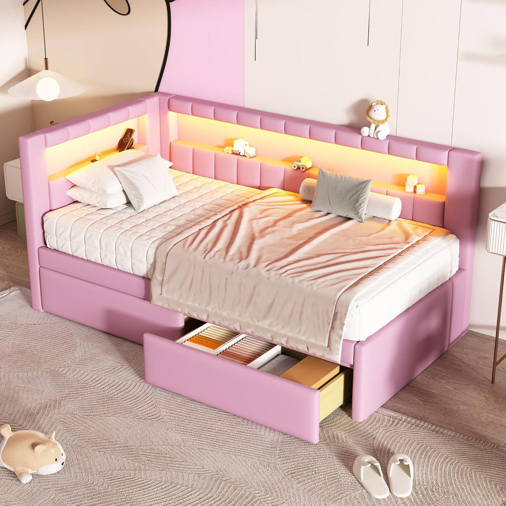 Twin Size Upholstered Daybed with Storage Drawers and LED, USB-Ports, L-Shaped Corner Unit Sofa Day Bed Frame with Storage Bookshelf, Girls, Kids, Adults, Boys, Pink