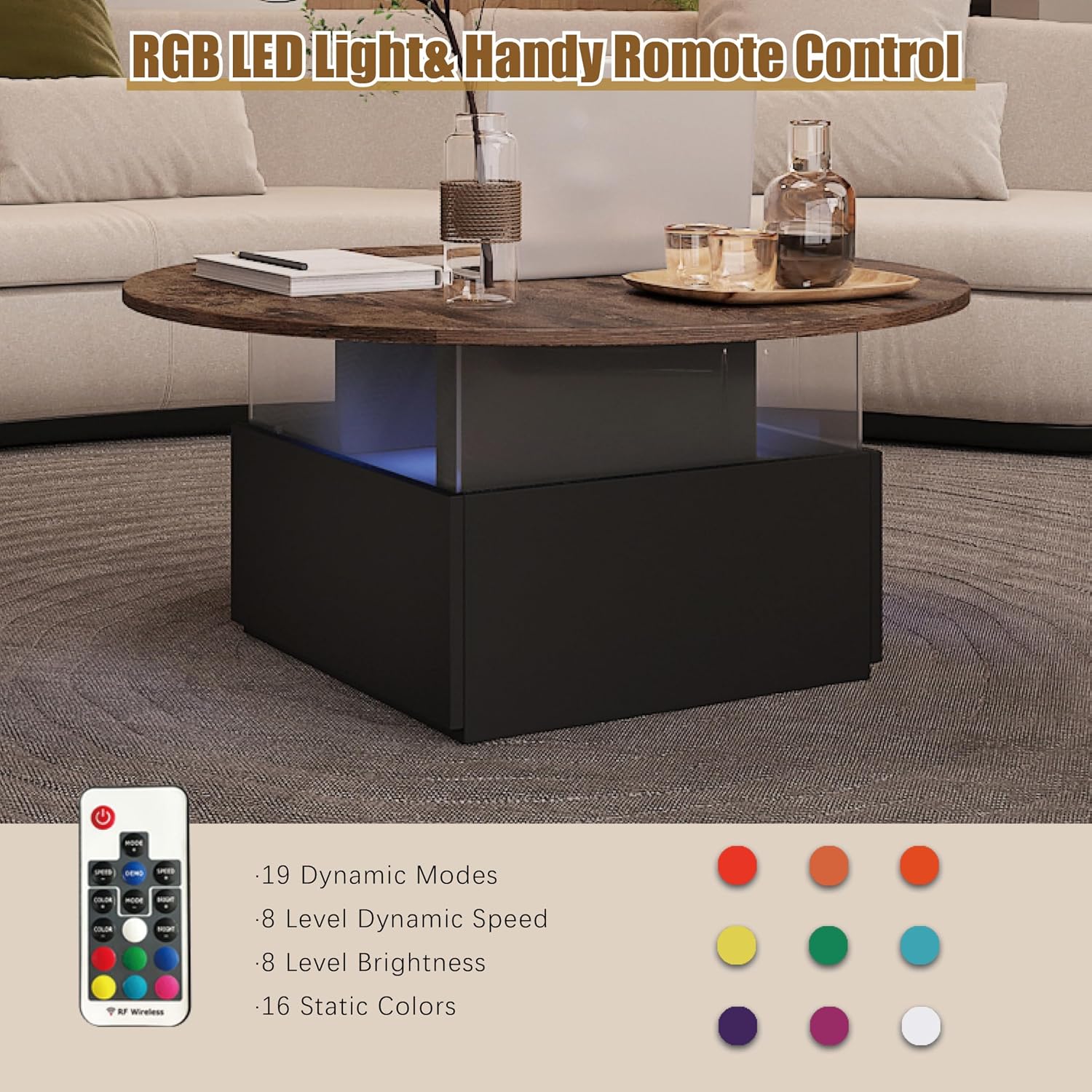 HedoAjim 31.5' Round Coffee Table for Living Room, LED Modern Living Room Table with Storage, Square Acrylic Coffee Tables with 2 Sliding Drawers, Wood Center Table for Reception Dinning Room, Rustic