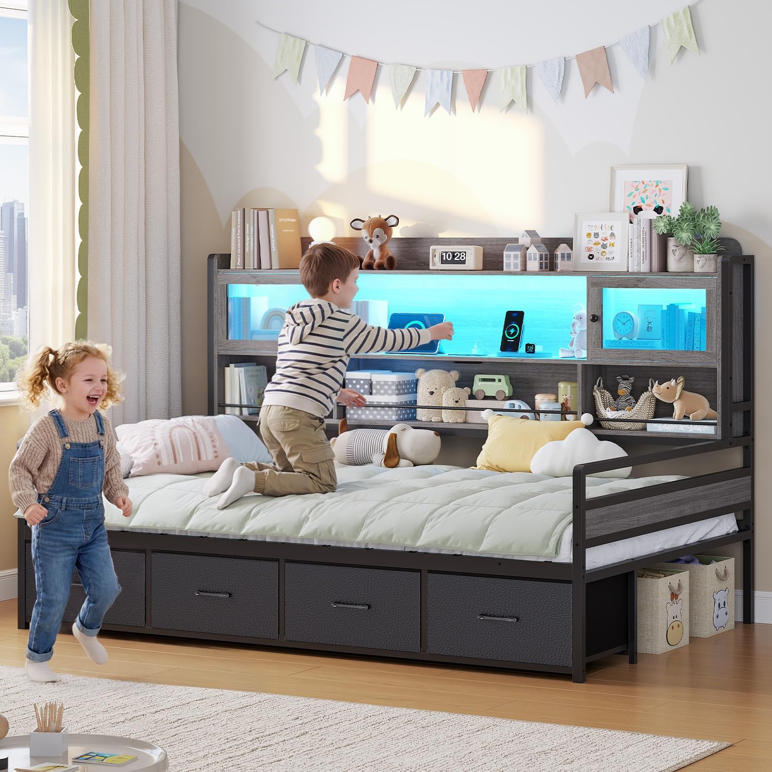 BTHFST Twin Daybed with 4 Storage Drawers & 3-Tier Bookshelf, Day Bed with RGB Lights & Charging Station, LED Corner Bed Frame with Storage Headboard for Bedroom, Living Room, Guest Room, Grey
