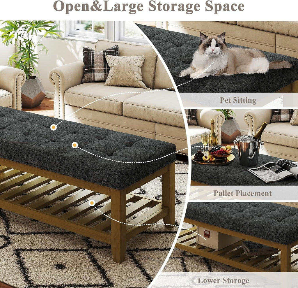 Befurtori Large Rectangular Upholstered Ottoman Bench, Linen Tufted Footrest Ottoman with Solid Wood Shelf Storage Coffee Table for Bedroom Living Room, Dark Gary