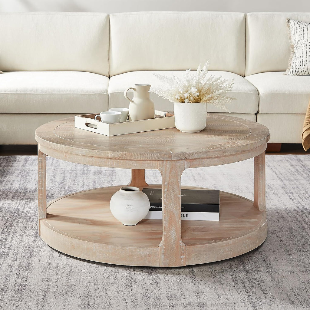 WILLIAMSPACE 40' Round Coffee Table with Wheels, Circle 2 Tier Solid Wood Center Coffee Table, Mid Century Retro Farmhouse Rounded End Table for Living Room Apartment, ø40 x 17.52' H (Oak)
