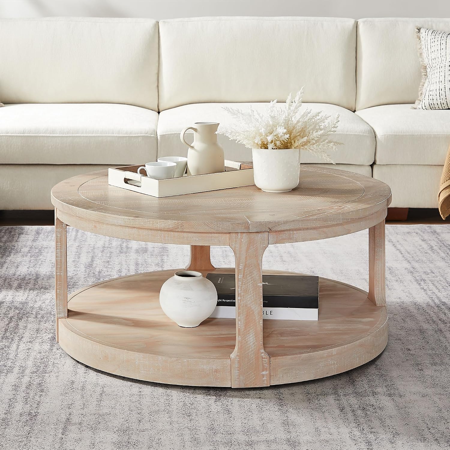 WILLIAMSPACE 40' Round Coffee Table with Wheels, Circle 2 Tier Solid Wood Center Coffee Table, Mid Century Retro Farmhouse Rounded End Table for Living Room Apartment, ø40 x 17.52' H (Oak)