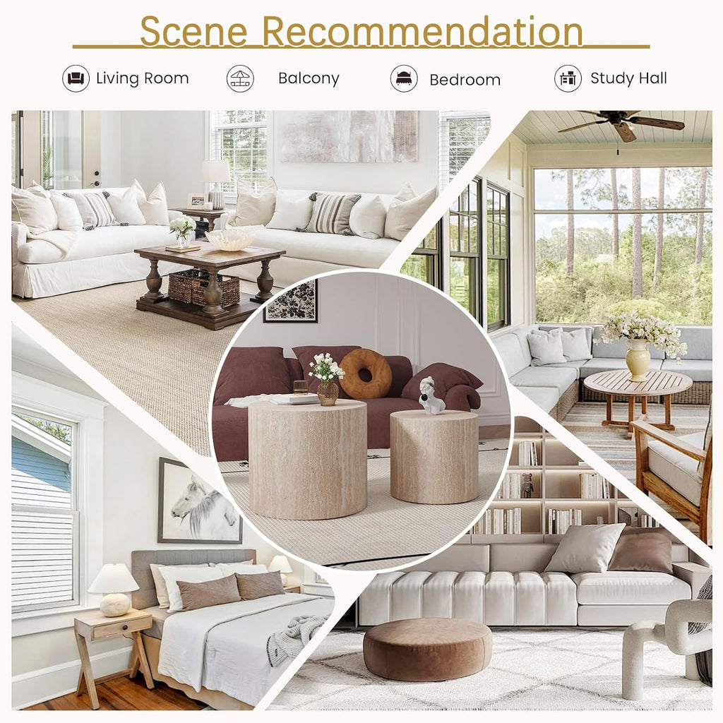 Round Coffee Table Set of 2 Modern Nesting Coffee Tables Wooden Drum Coffee Tables with Non-Slip Feet, Circle Nesting Tables End Table for Living Room Office, No Assembly (Travertine 18.11'+14.57')