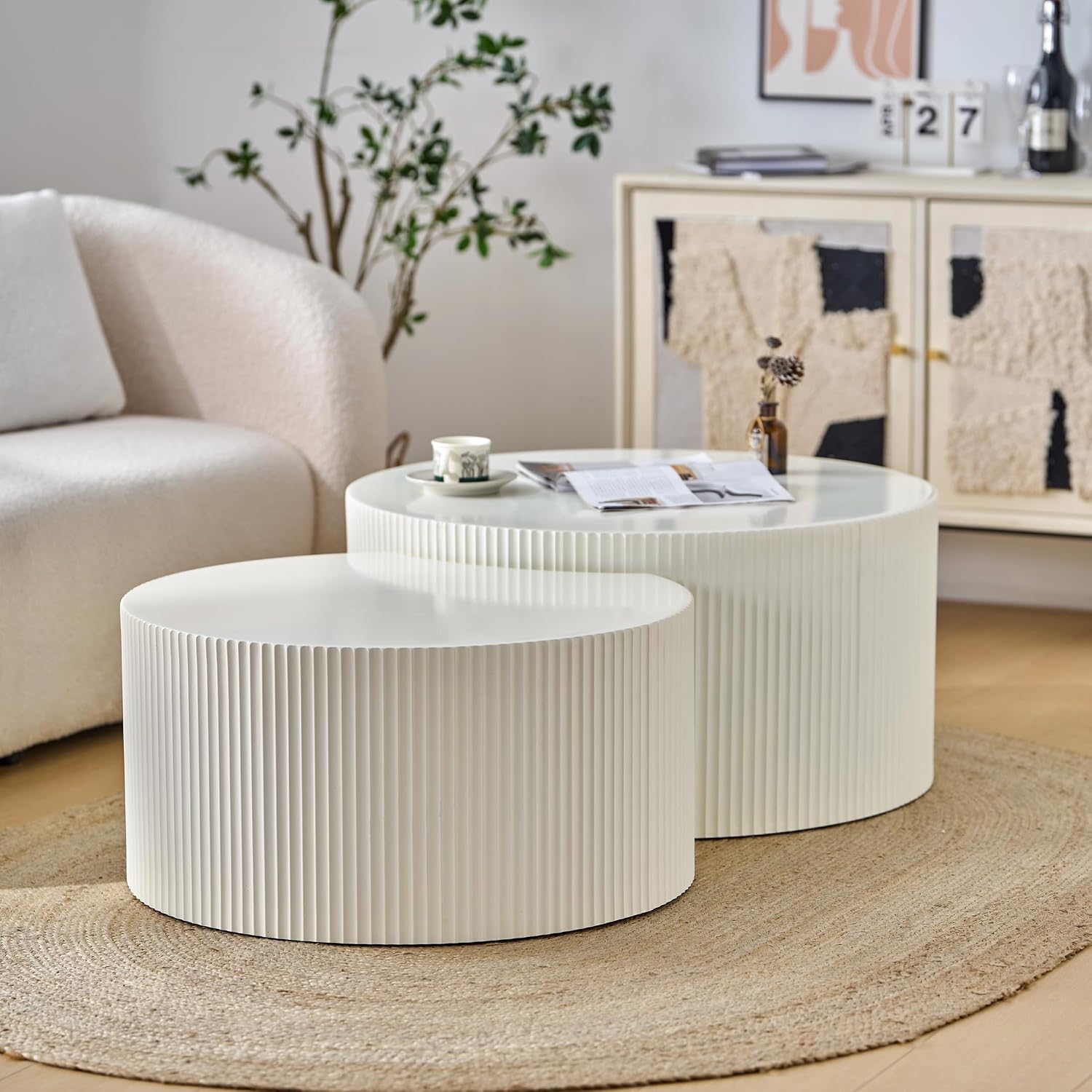 Nesting Coffee Table Set of 2, Modern Drum Side Table End Table, Wave Stripe Round Coffee Table for Living Room, Bedroom, Beige-02