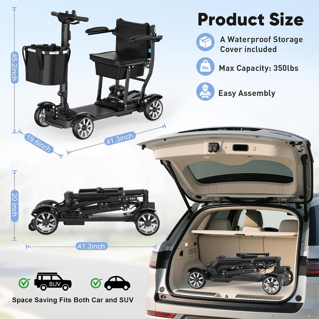 4 Wheels Mobility Scooters for Seniors,39LBS Light Frame&15 Miles Travel Range&350LBS Capacity&270W Brushless Motor Powered Wheelchair Folding Electric Scooter&Dust Cover&LED Lights&Auto Brake-Black