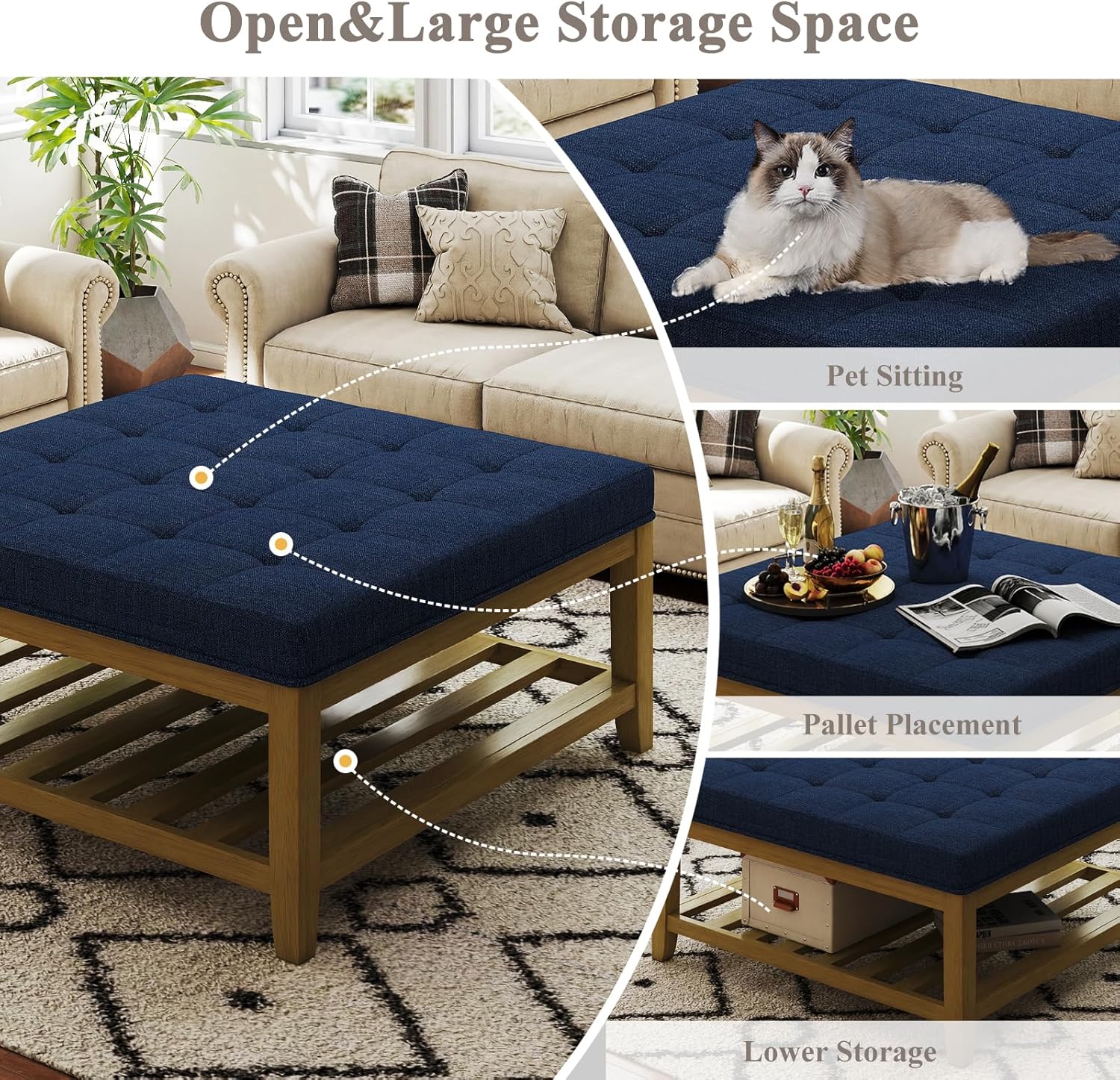 Befurtori Large Square Ottoman Coffee Table, Linen Solid Upholstered Footrest Ottoman with Solid Wood Shelf Storage Tufted Coffee Table for Bedroom Living Room, Navy Blue