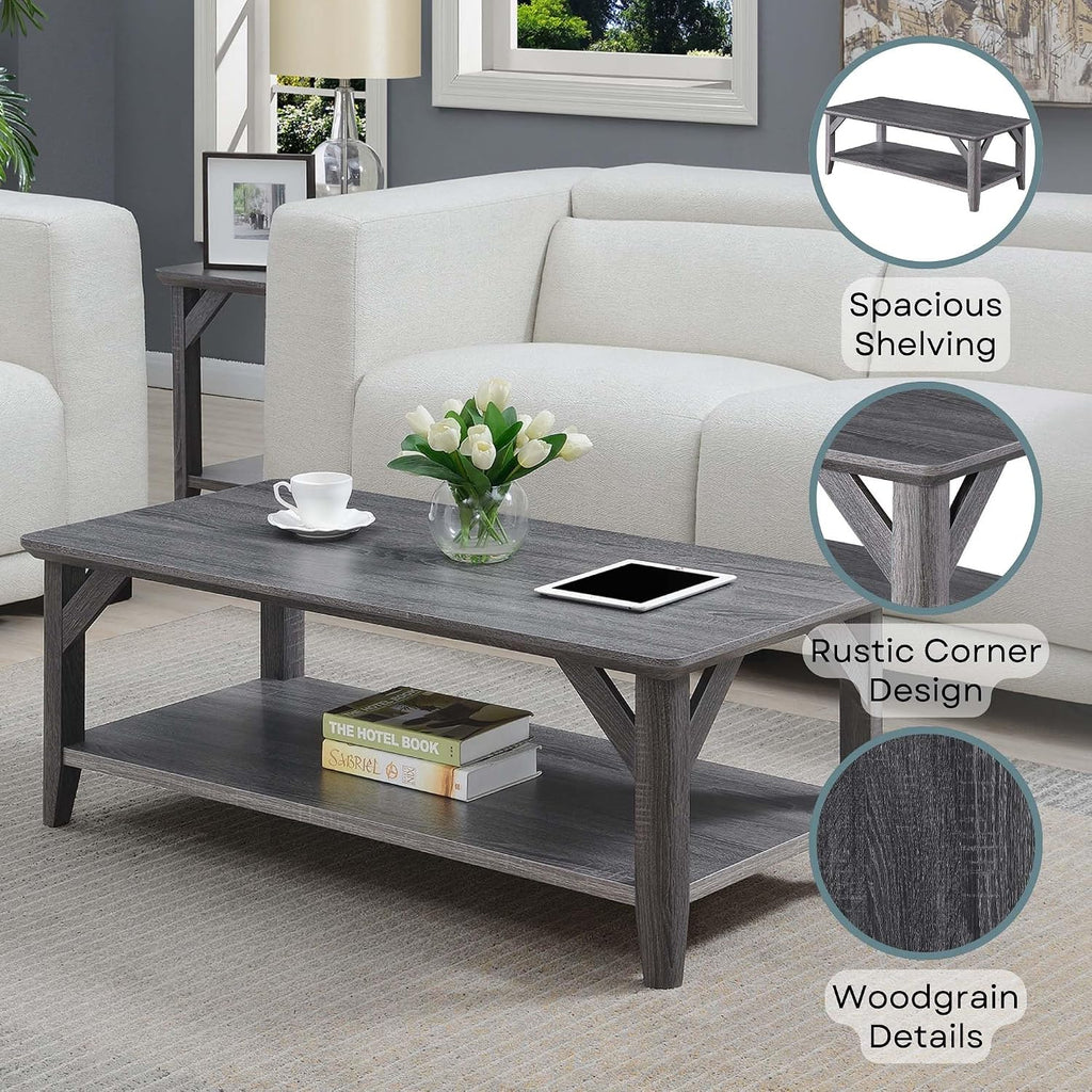 Convenience Concepts Winston Coffee Table 47.25' - Farmhouse, Rustic Center Room Accent with Storage Shelf for Traditional Living & Family Room, Weathered Gray