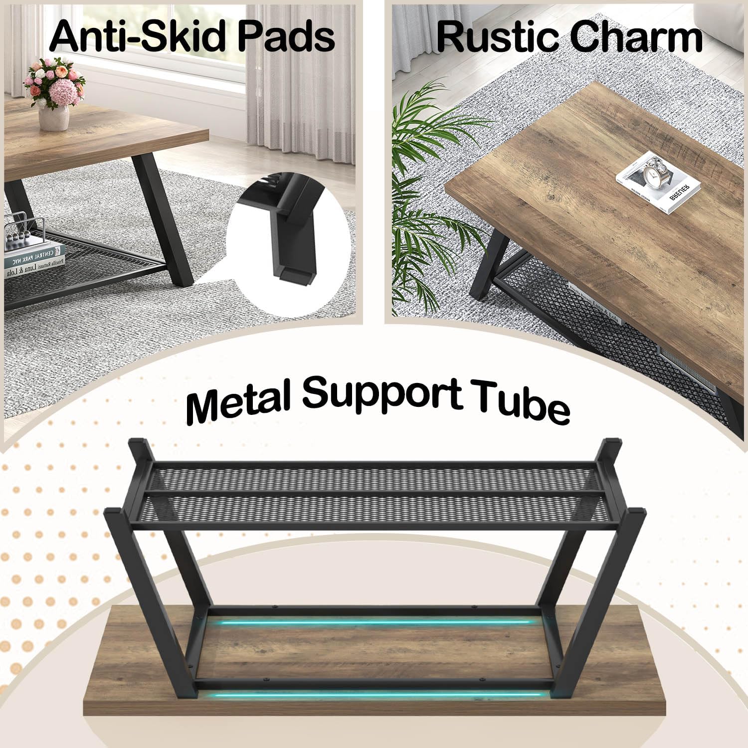 FOLUBAN Coffee Table with Storage, Modern Rustic Wood and Metal Coffee Tables for Living Room, Industrial 2-Tier Center Tea Cocktail Table, Oak, 47 Inch