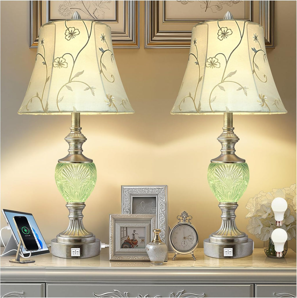 Bedside Table Lamp Set of 2 with Nightlight and USB A+C Ports, 27'' High Vintage Table Lamps with Silver Leaf Finish and Embroidered Shade, Nightstand Lamps Decor for Bedroom Living Room Home Office