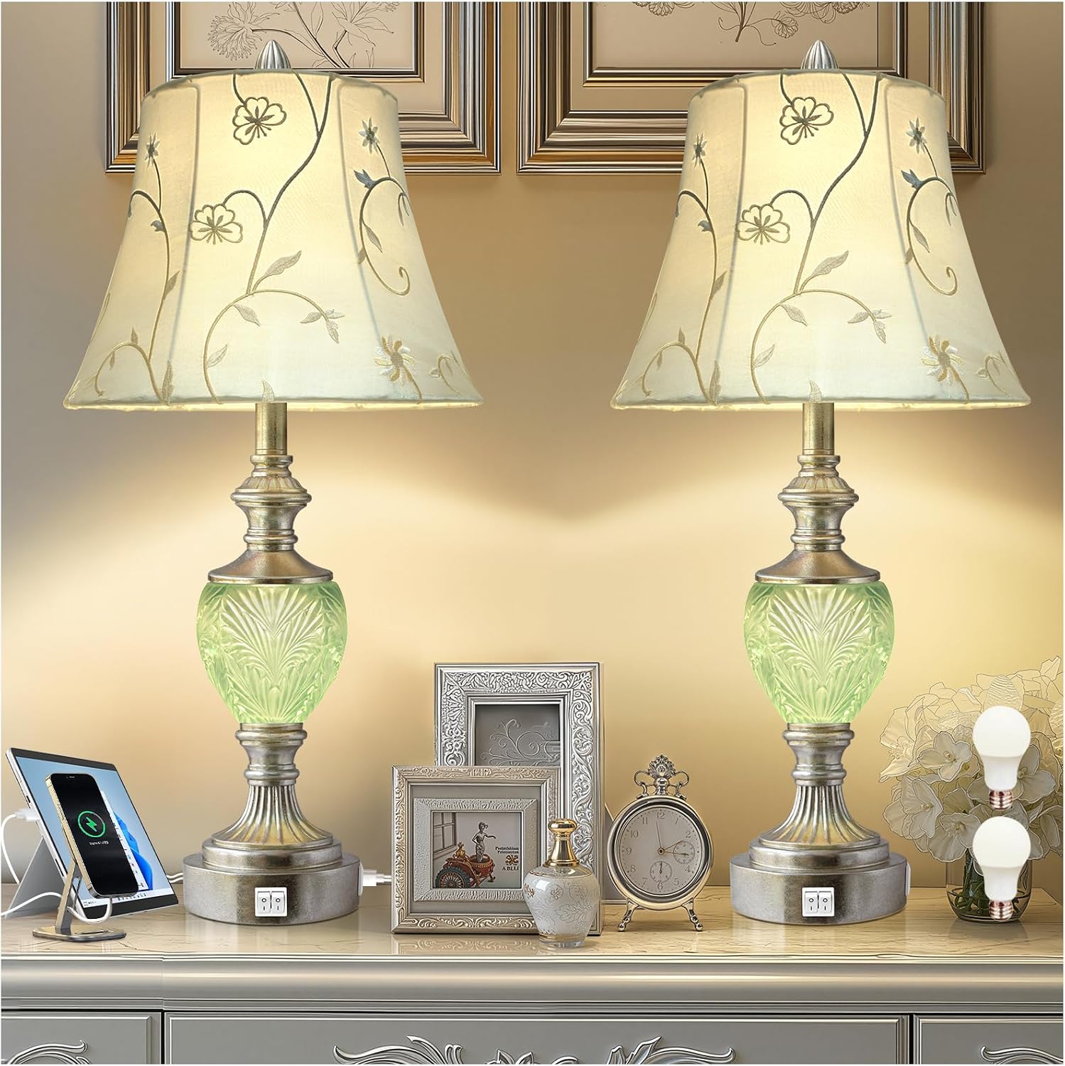 Bedside Table Lamp Set of 2 with Nightlight and USB A+C Ports, 27'' High Vintage Table Lamps with Silver Leaf Finish and Embroidered Shade, Nightstand Lamps Decor for Bedroom Living Room Home Office