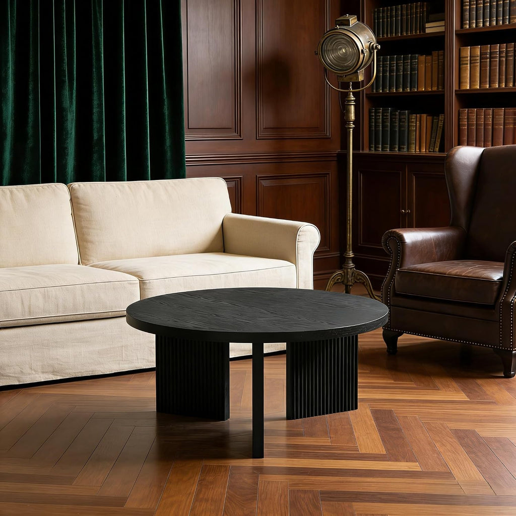 Wooden Round Coffee Table, 35' Coffee Table with Smooth Thick Mesa, Low Circle Center Table with X Shaped Stable Legs, Accent Tea Table for Living Room, Office, Black