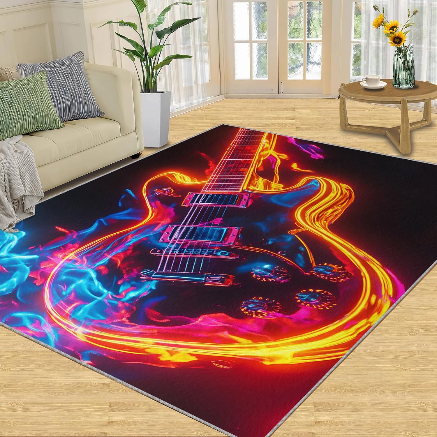 Guitar Rug 5x7-5x7 Rug, Ice and Fire Area Rugs for Living Room, Music Washable Area Mat for Bedroom, Rock and Roll Carpet, Musical Carpet - Guitar Home Decor & Gift