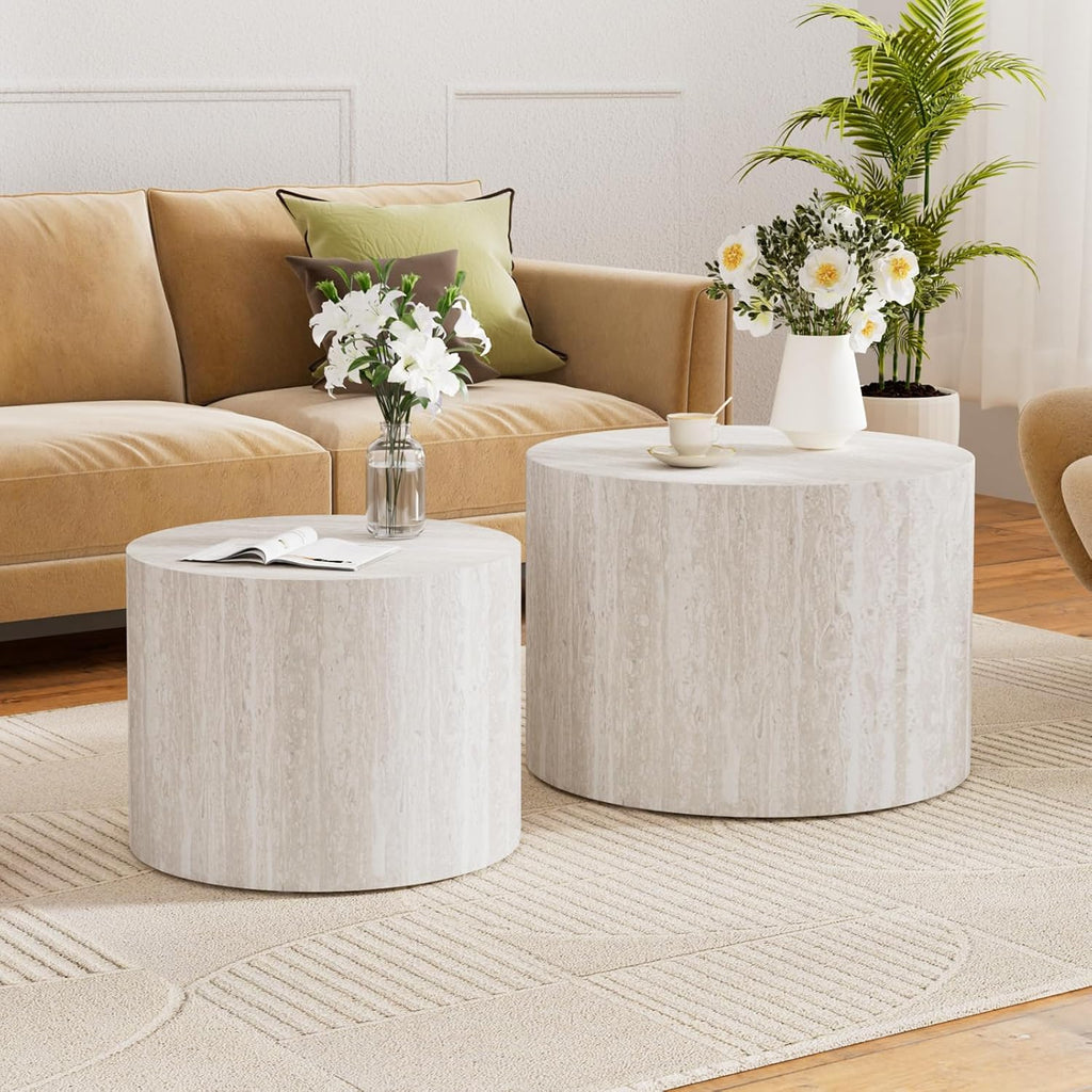 Round Nesting Coffee Table Set of 2, Travertine Coffee Table Circle Drum Side Table Small End Table Minimalist Center Tables for Living Room Office, No Assembly (Travertine)