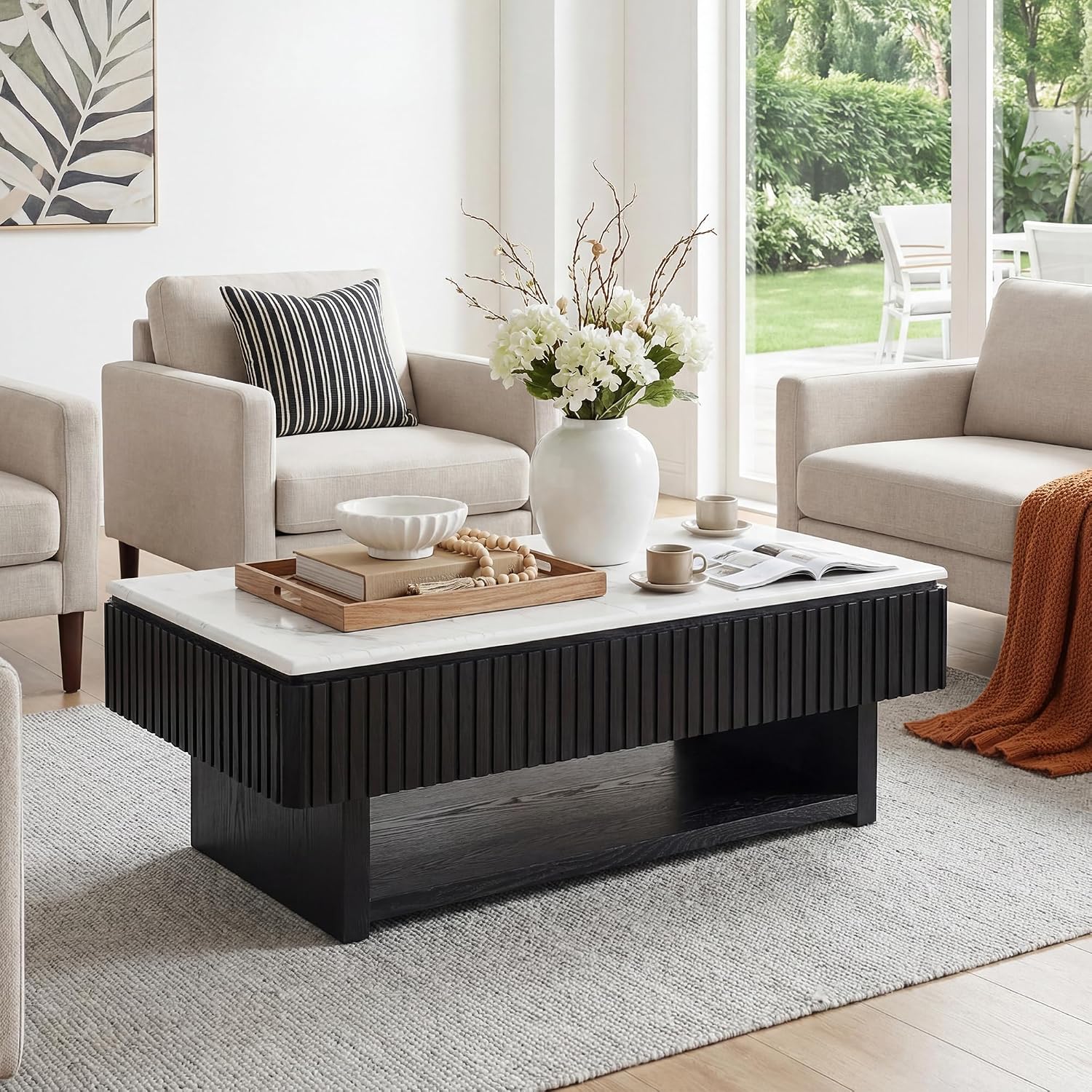 47.4' Lift Top Coffee Table with Drawer & Storage, Modern Fluted Coffee Table with Marble-Pattern Top & Solid Wood Strips, Rising Center Table for Living Room Apartment,Rectangle, Black & White