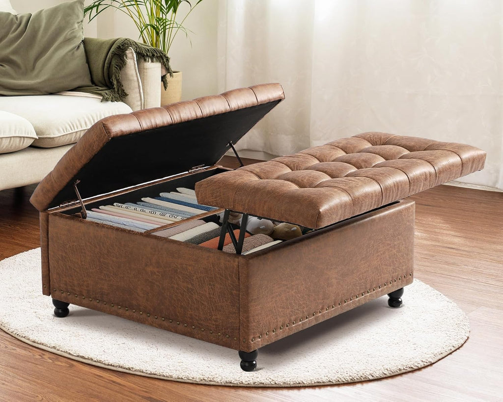 Grepatio 35.5' Large Square Storage Ottoman, Lift Top Ottoman Square Bench with Storage, Tufted Upholstered Ottomans, Ottomans Coffee Tables for Living Room, Bedroom (Brown)