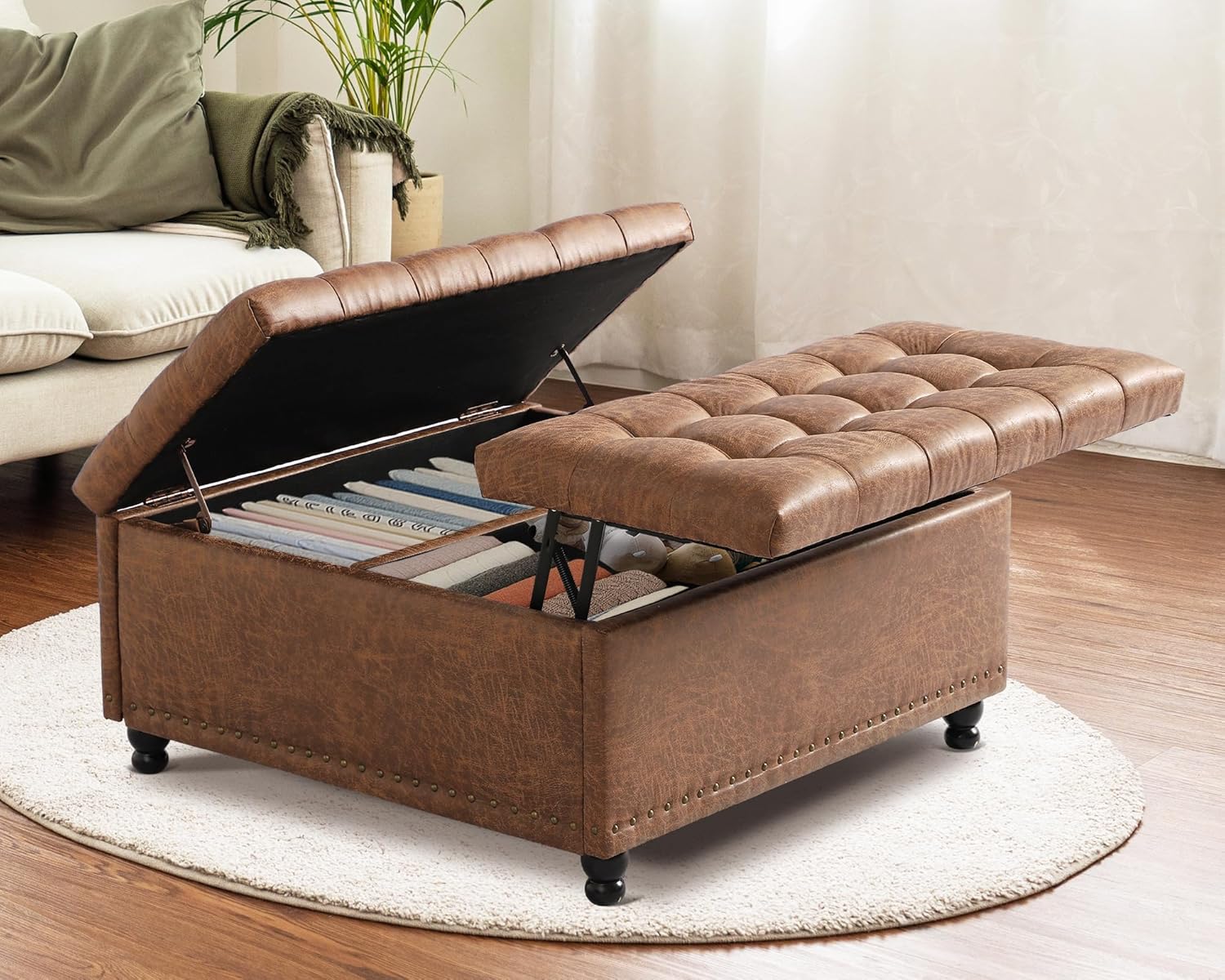 Grepatio 35.5' Large Square Storage Ottoman, Lift Top Ottoman Square Bench with Storage, Tufted Upholstered Ottomans, Ottomans Coffee Tables for Living Room, Bedroom (Brown)