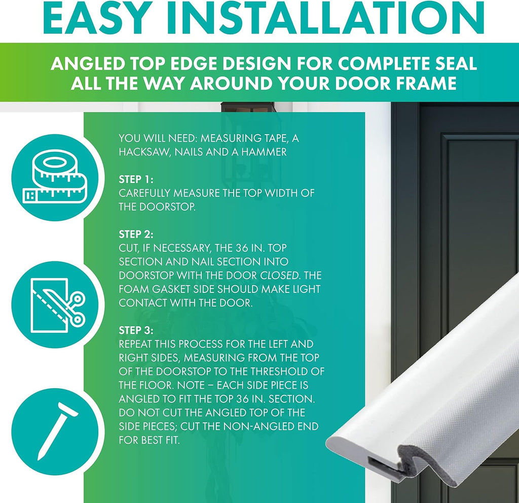 Simply Conserve Windjammer Nail-Up Set Door Weatherstripping with PVC Carrier and Foam Gasket in White DS060N-W | Paintable Door Draft Stopper for Sides and Top | Foam Weather Stripping Door Seal