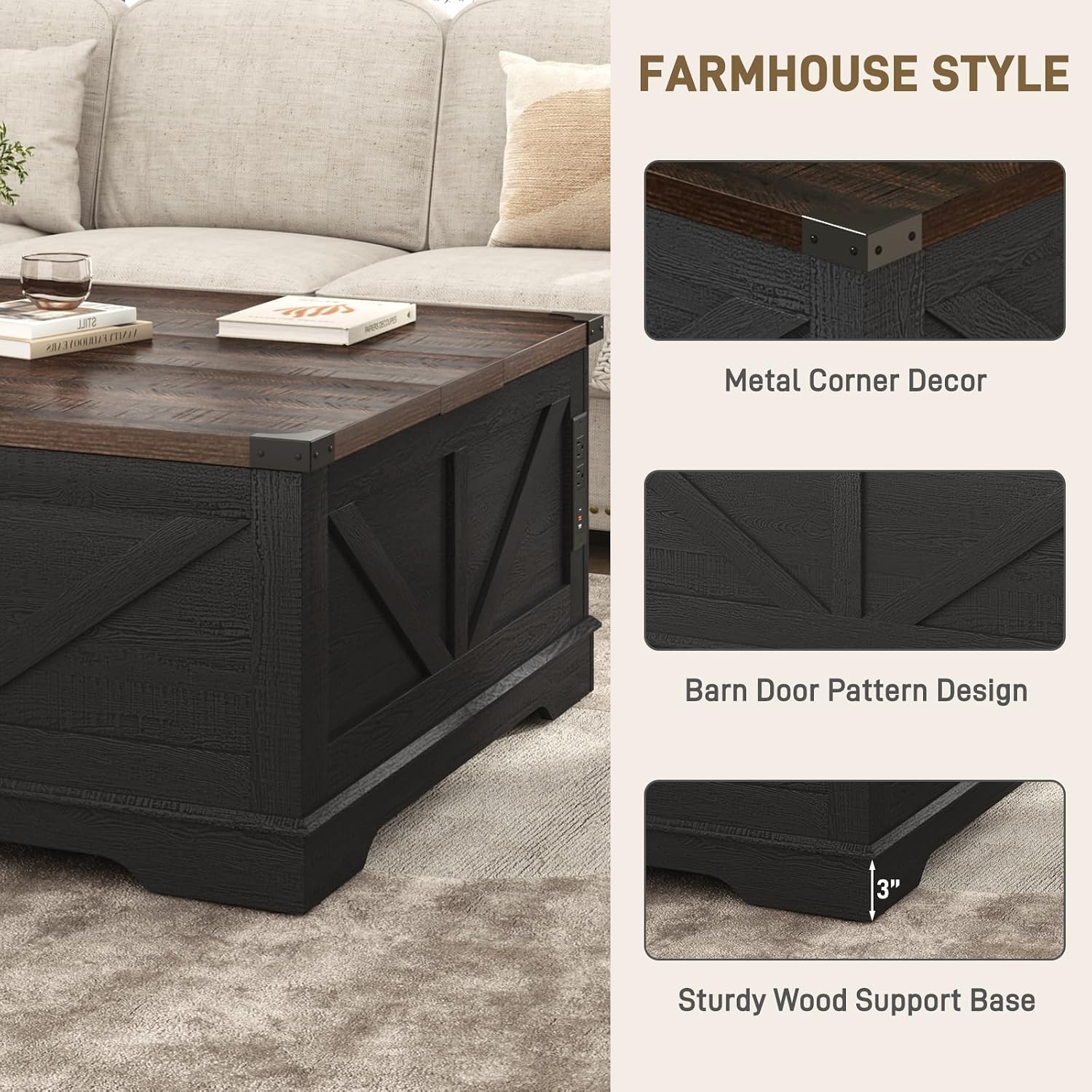 Hlivelood 40' Large Farmhouse Lift Top Coffee Table with Power Outlets and Large Hidden Storage, Square Wood Living Room Tables, Multi-Function Lift Wooden Barn Door Center Table, Black