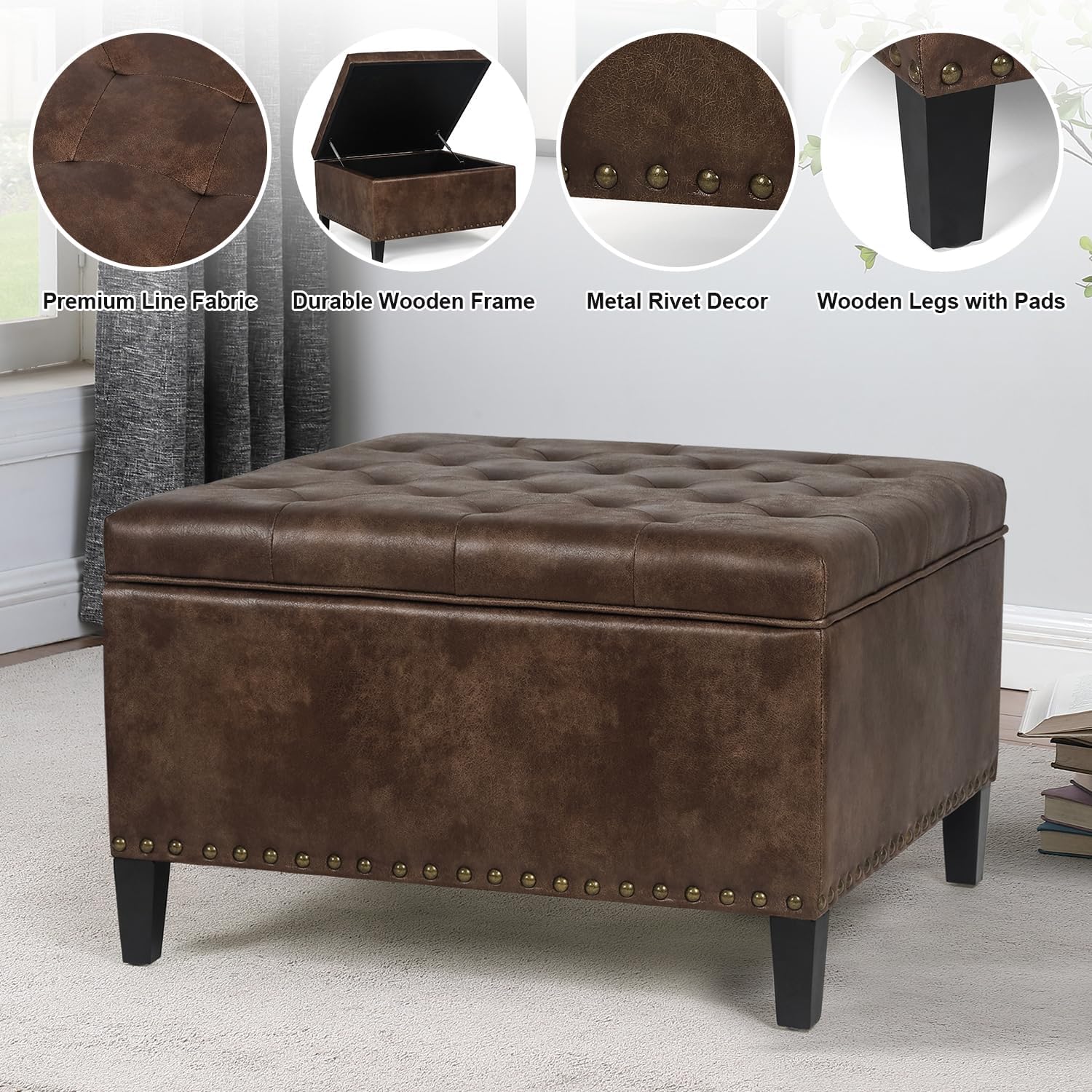Joveco Storage Ottoman Square Upholstered Tufted Bench with Rivet, Footrest Coffee Table with Wood Legs for Living Room Bedroom Entryway (Coffee)