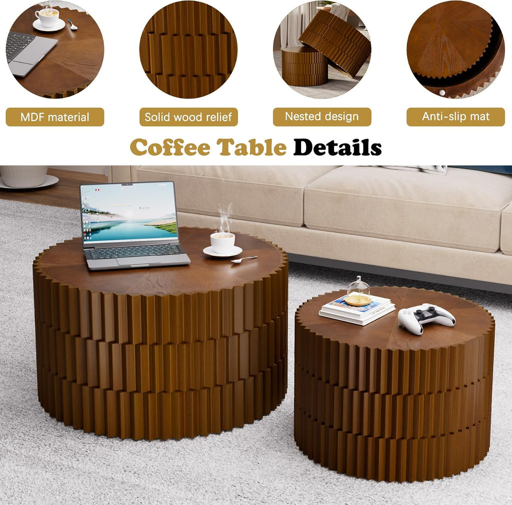 Round Nesting Coffee Table Set of 2 Fluted Coffee Tables Modern Drum Side End Table Wooden Circle Accent Side Table for Living Room Bedroom Balcony, No Assembly (Walnut 26.8'+19.7')