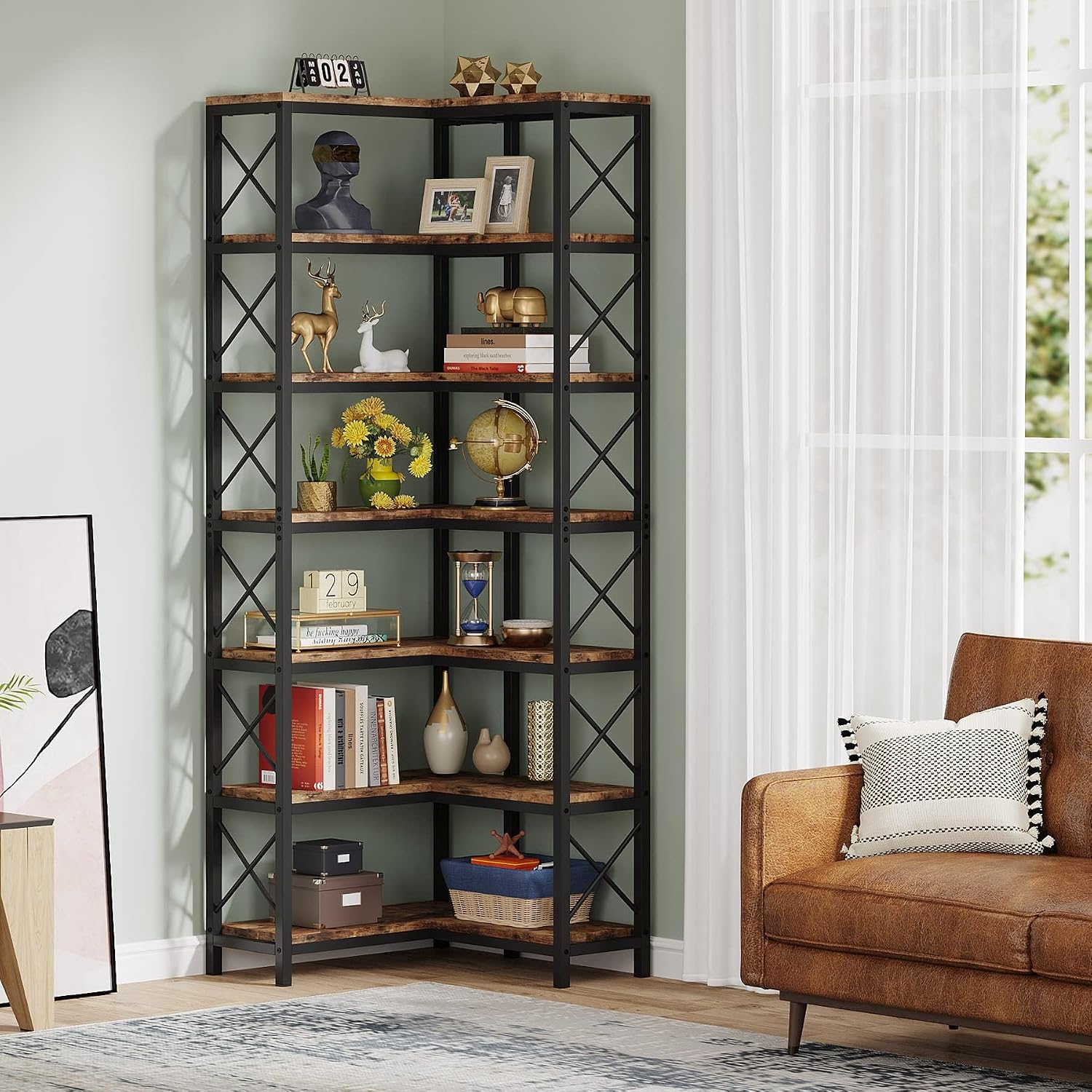 LITTLE TREE 7-Tier Tall Corner Book Shelf,Rustic Brown Corner Bookshelf, Modern Bookcase Metal Storage Shelves for Bedroom Living Room or Home Office