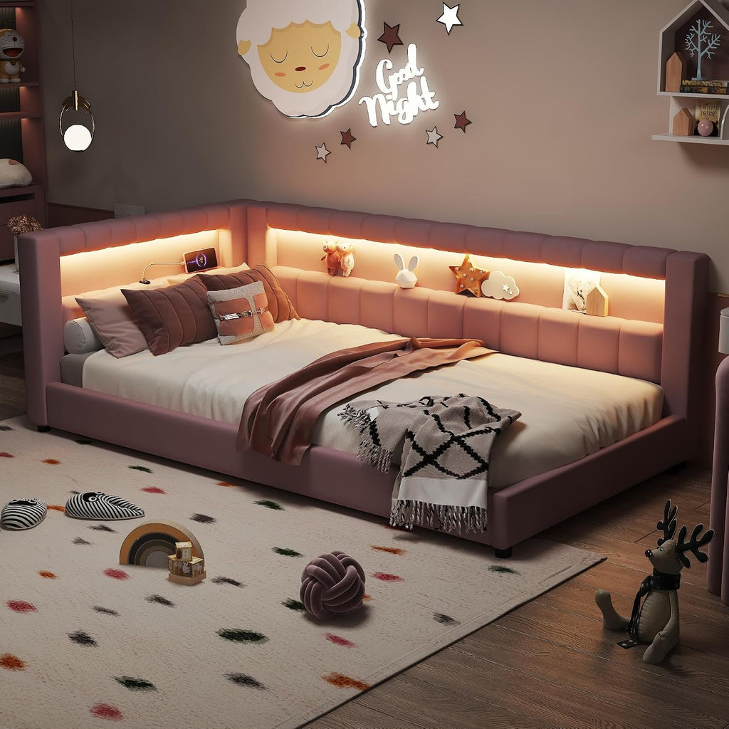 Upholstered Twin XL Size Daybed with LED and USB Ports, L-Shaped Corner Day Bed with Storage Shelves Headboard,Space Saving for Girls Adults Kids Boys, Pink