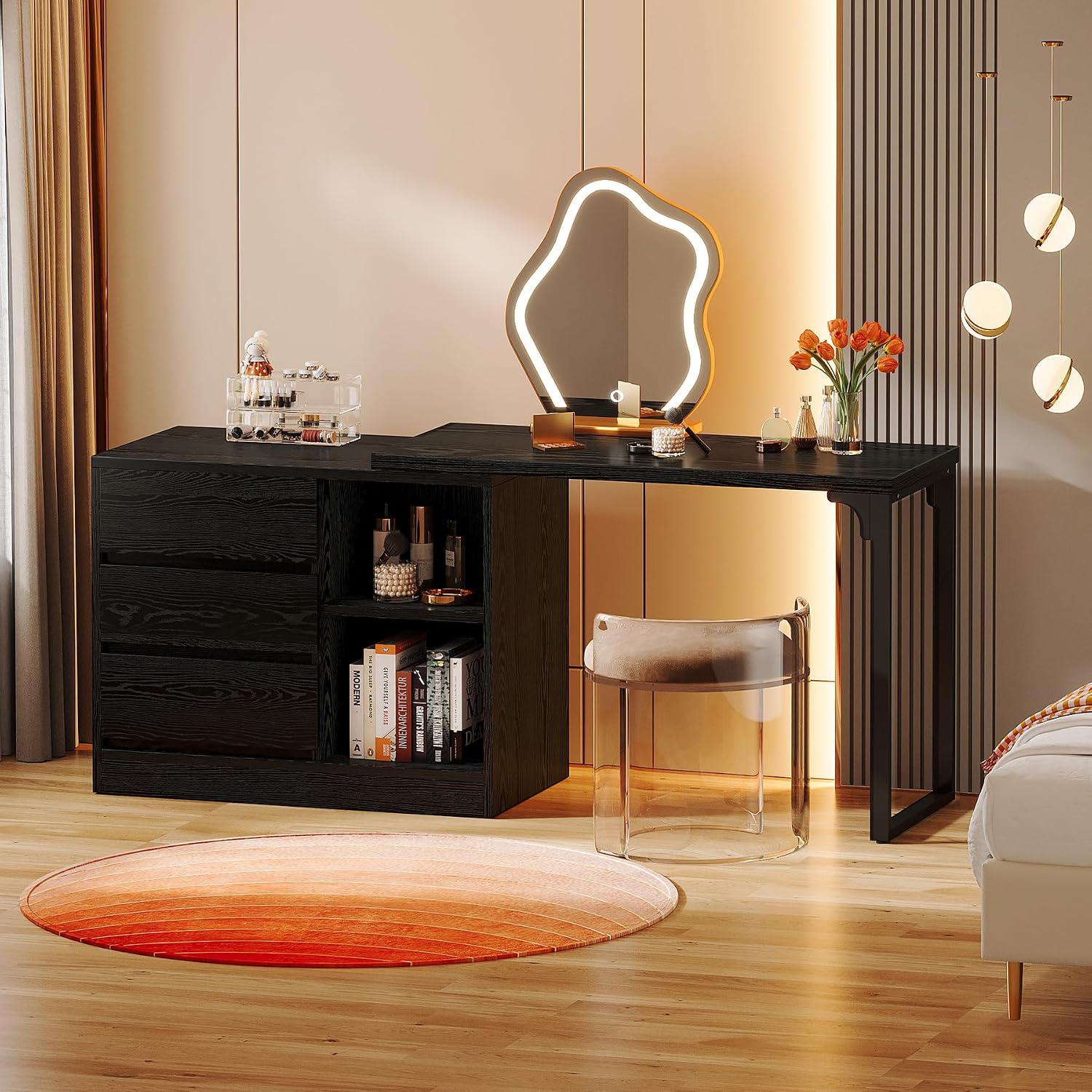 Tribesigns Vanity Desk with 3 Drawers and 2 Shelves, Small Makeup Vanity Table with Reversible Storage Cabinet, Modern Corner Dressing Table for Bedroom, Makeup Room (Without Mirror) (Black)