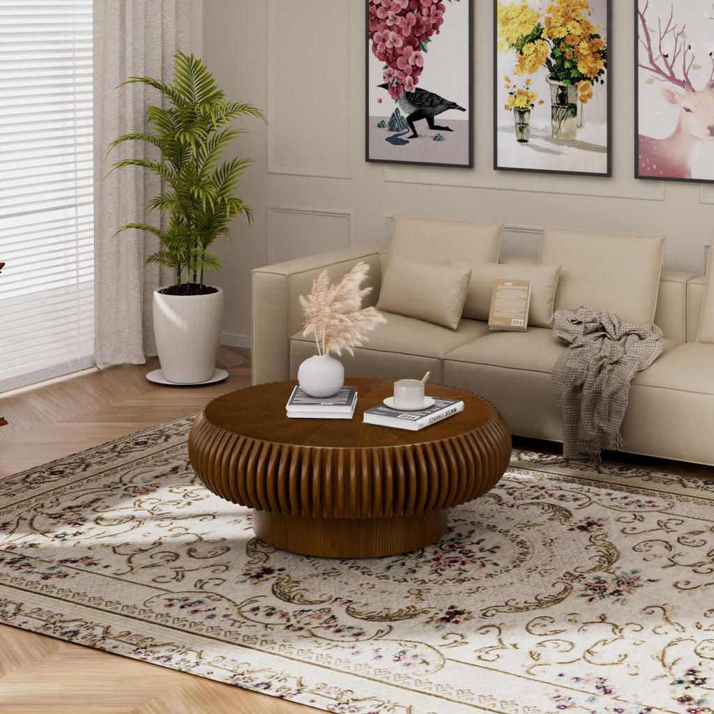 31.5' Drum Coffee Table Modern Unique Fluted Tea Table Contemporary Wood Round Coffee Table with Fluted Centry Table for Living Room Walnut (31.5' Walnut)