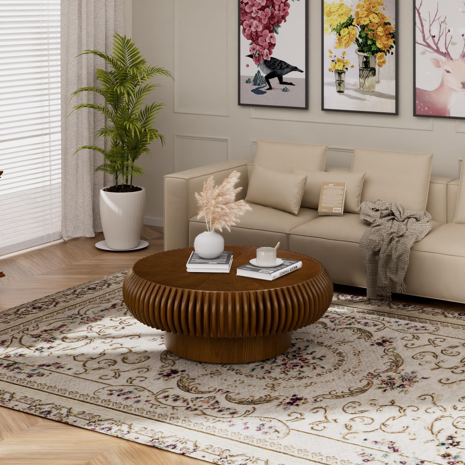 31.5' Drum Coffee Table Modern Unique Fluted Tea Table Contemporary Wood Round Coffee Table with Fluted Centry Table for Living Room Walnut (31.5' Walnut)