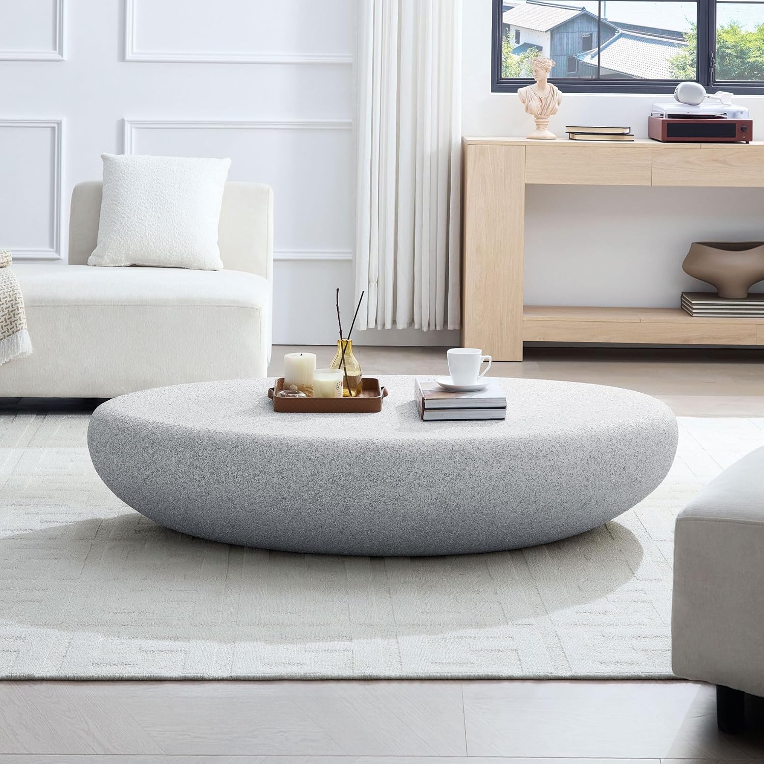 55.12' Fiberglass Elliptical Coffee Table for Living Room,Matte Rocks Vintage Table Front of the Sofa,No Need Assembly,Rock Grey
