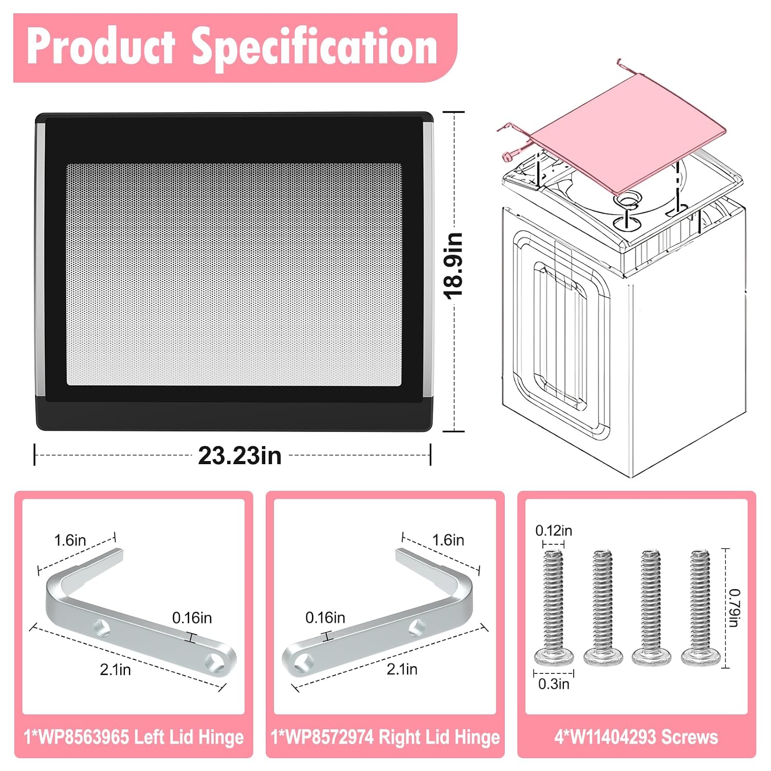 LXun Upgrade W11102314 Washer Lid Assembly Replacement Compatible With Whirlpool Washer Lid Part WP8563965 Left Lid Hinge & WP8572974 Right Lid Hinge & 4 Screws W11404293, Replaces W10594159 W10610172