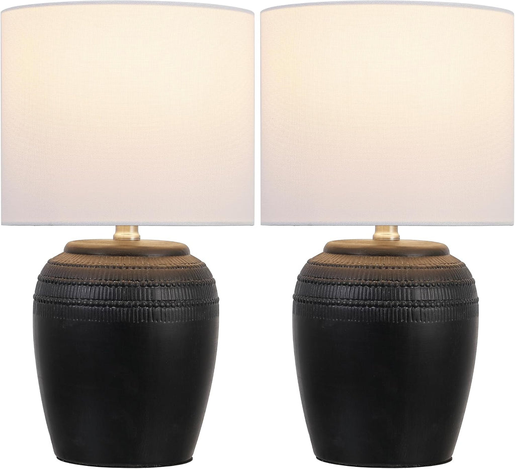 JONATHAN Y 16.75' Black/Nickel Ceramic Table Lamp Set of 2, Rustic Traditional Reeded Vase Lamps with White Linen Shade for Bedroom Living Room Decor JYL5707A-SET2